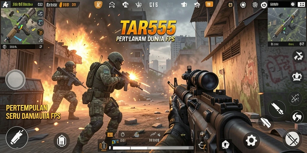 Screenshot TAR555 menampilkan aksi menegangkan di medan perang FPS.