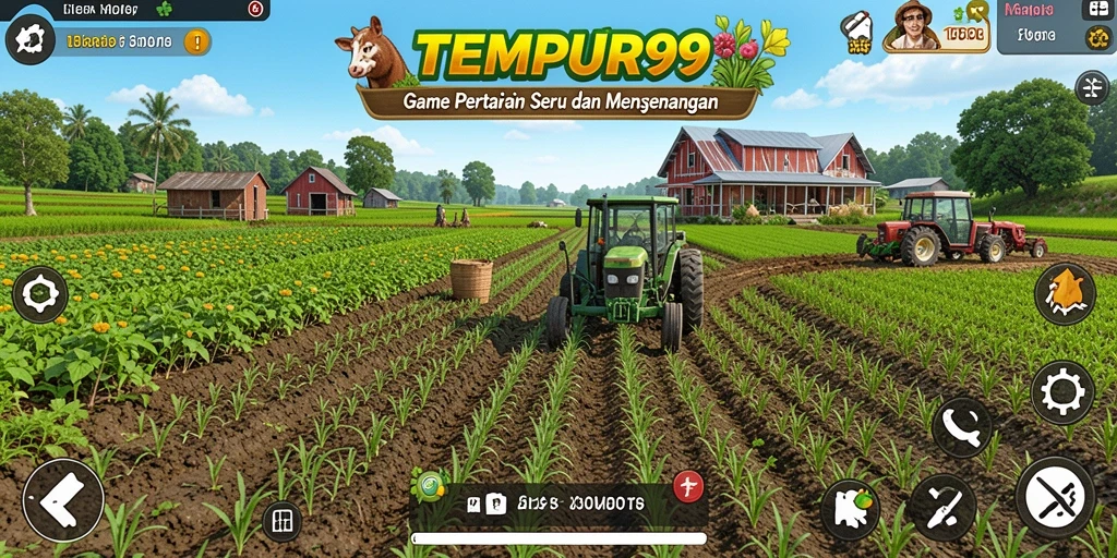 Screenshot gameplay TEMPUR99 menampilkan ladang pertanian yang subur dan hewan ternak.